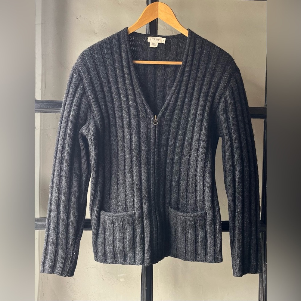 Lovely Vintage J.Crew Dark Gray Wool Zip Up Cardigan Sweater AS IS